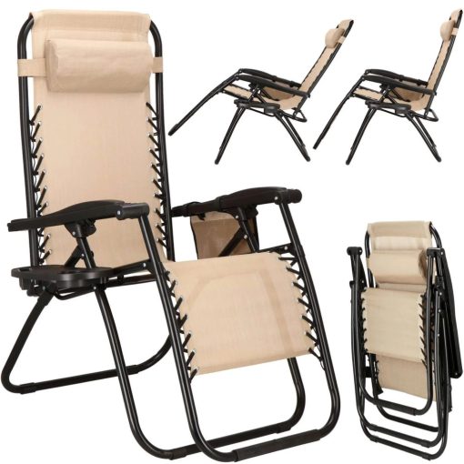 Állítható kerti nyugágy karosszék – bézs nullgravitációs szék, összecsukható