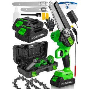   1000W akkus mini láncfűrész 6" és 8" vezetőlap, 2 akku, automatikus láncolajozás