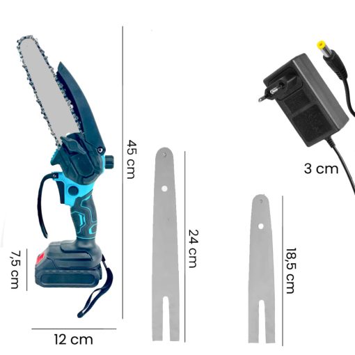 Akkus mini láncfűrész 6" és 8" vezetőlap, 2 akku, automatikus láncolajozás