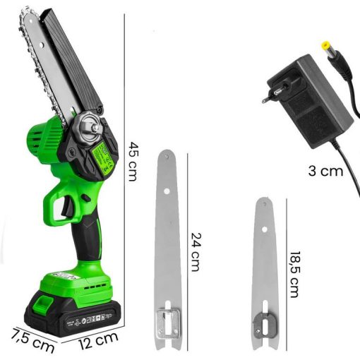 1000W akkus mini láncfűrész 6" és 8" vezetőlap, 2 akku, automatikus láncolajozás