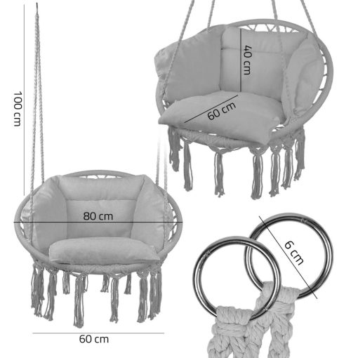 Függő kerti Makramé Brazil szék párnákkal szürke színű