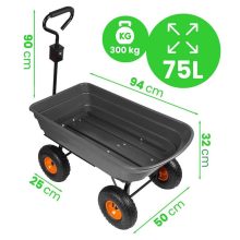 Kerti szállítókocsi 300 kg, 75 L, billenős, felfújható kerekek, vontatható