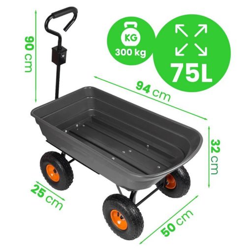 Kerti szállítókocsi 300 kg, 75 L, billenős, felfújható kerekek, vontatható