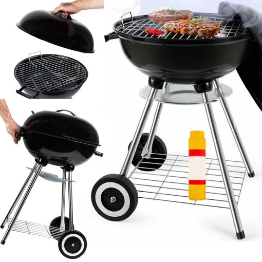 Grill Master faszenes kerti grill fedéllel - mobil, kerekes kivitel, extra tárolópolccal