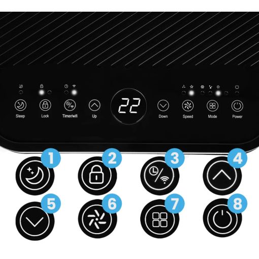 Mobilklíma 2,6kW teljesítmény, WiFi, LED panel, páramentesítő funkcióval (22L/24h), 3 az 1-ben