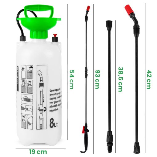 Kézi nyomáspermetező 8 literes - üvegszálas szórókarral, PE tartállyal, állítható fúvókával