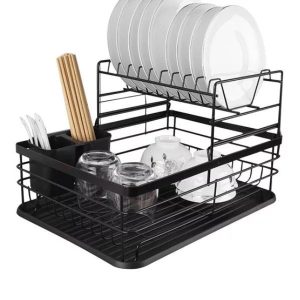   2 Szintes Fekete Edényszárító 43 cm Loft Stílusú Fém Mosogatószárító Tálcával