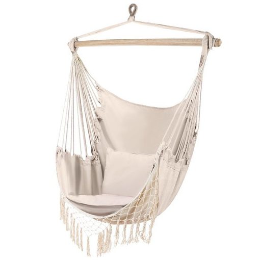 Brazil stílusú pamut függőfotel bézs színben, 2 párnával – 120 kg teherbírás