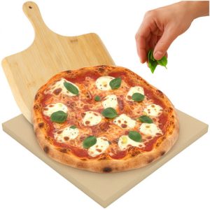   Pizza kő 2in1 szett, bambusz lapáttal, 38x36 cm, sütőbe és grillhez