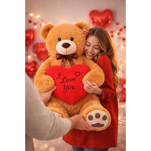 Óriás plüss maci szívvel 100 cm, puha ölelhető mackó szívvel, Valentin-napi ajándék
