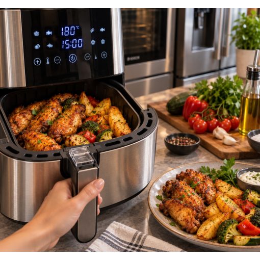 8 L-es Okos Air Fryer 1800W Tumby olaj nélküli forró levegős fritőz digitális kijelzővel, rozsdamentes acél burkolattal