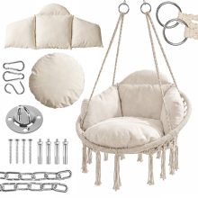 Függőfotel kerti hinta XL nagyméretű párnával, rögzítő készlettel, bézs, 150 kg, bohém makramé szék