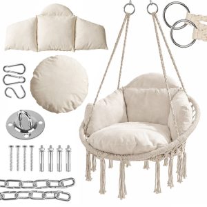   Függőfotel kerti hinta XL nagyméretű párnával, rögzítő készlettel, bézs, 150 kg, bohém makramé szék