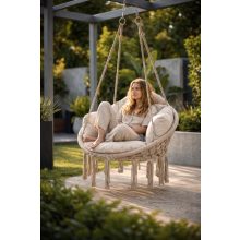 Függőfotel kerti hinta XL nagyméretű párnával, rögzítő készlettel, bézs, 150 kg, bohém makramé szék