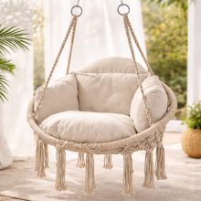 Függőfotel kerti hinta XL nagyméretű párnával, rögzítő készlettel, bézs, 150 kg, bohém makramé szék