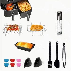   15 tartozék készlet forrólevegős olajsütőhöz, SIBINTA, Ninja Dual AF451UK AF400UK kompatibilis, 9,1L, Tepsi, Grill, Fogó, olajspray Könnyen tisztítható