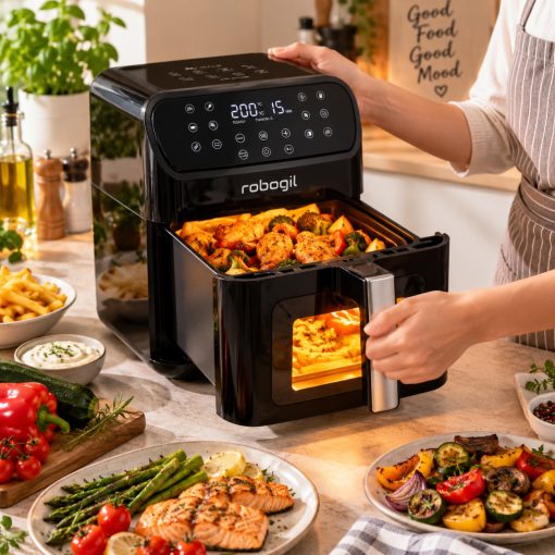 Forrólevegős Halogén Sütő 6,5 L, 12 Program, Érintőkijelző, Betekintő Ablak, Melegen Tartás