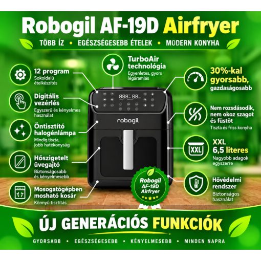 Forrólevegős Halogén Sütő 6,5 L, 12 Program, Érintőkijelző, Betekintő Ablak, Melegen Tartás