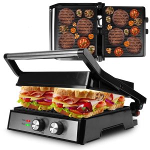   Professzionális Elektromos Kontaktgrill és Kenyérpirító – Hőmérsékletszabályozás, Időzítő, 3 Grillezési Pozíció, Tapadásmentes Felület