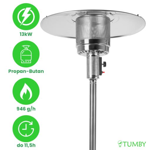 Kültéri gázos teraszmelegítő, 13kW hősugárzó PIEZO gyújtással, kerekekkel és huzattal