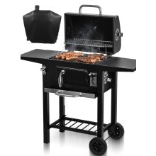 Nagy kerti grill fedeles, öntöttvas grillrács, állítható tűztér, hőmérő, takaróval