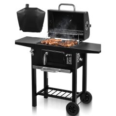   Nagy kerti grill fedeles, öntöttvas grillrács, állítható tűztér, hőmérő, takaróval