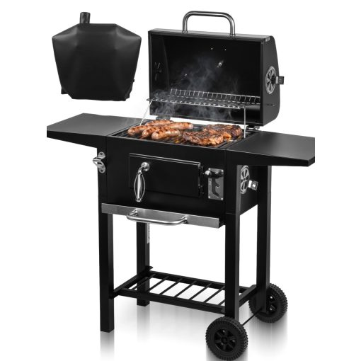 Nagy kerti grill fedeles, öntöttvas grillrács, állítható tűztér, hőmérő, takaróval