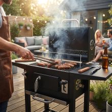 Nagy kerti grill fedeles, öntöttvas grillrács, állítható tűztér, hőmérő, takaróval