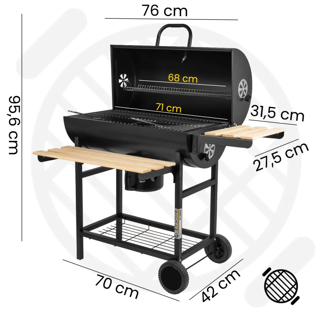 Grill teljes méretben, oldalpolcokkal és kerekekkel