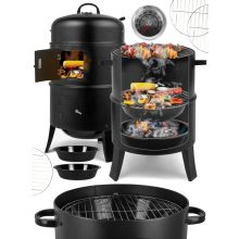 Kerti grill és füstölő 3 az 1-ben, faszenes grill, smoker, tűzrakó, hőmérővel