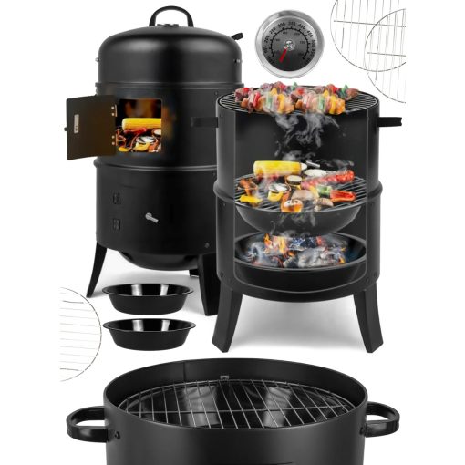 Kerti grill és füstölő 3 az 1-ben, faszenes grill, smoker, tűzrakó, hőmérővel