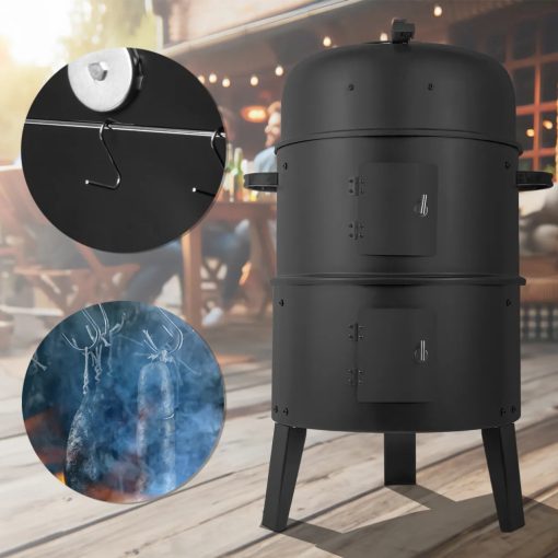 Kerti grill és füstölő 3 az 1-ben, faszenes grill, smoker, tűzrakó, hőmérővel