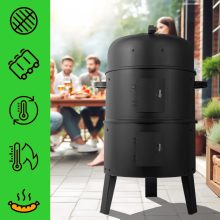 Kerti grill és füstölő 3 az 1-ben, faszenes grill, smoker, tűzrakó, hőmérővel