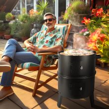 Kerti grill és füstölő 3 az 1-ben, faszenes grill, smoker, tűzrakó, hőmérővel