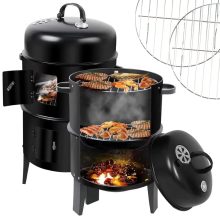 Kerti grill és füstölő 3 az 1-ben, faszenes grill, smoker, tűzrakó, hőmérővel