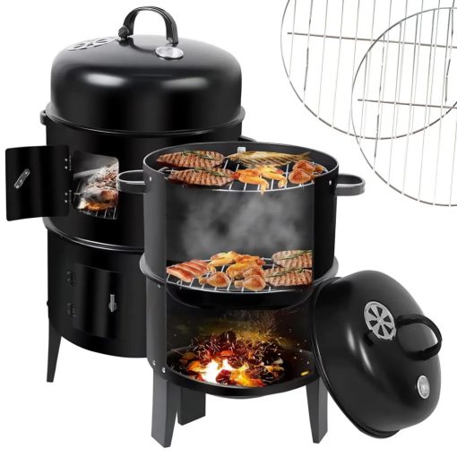 Kerti grill és füstölő 3 az 1-ben, faszenes grill, smoker, tűzrakó, hőmérővel