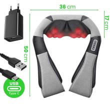 Vezeték nélküli nyak- és hátmasszírozó, shiatsu, melegítő masszázspárna, 8 pontos, akkus