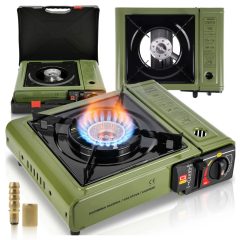   Gázfőző kempinghez 2500W, hordozható túra főző, patronos és palackos, kofferrel