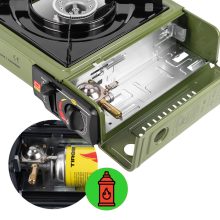 Gázfőző kempinghez 2500W, hordozható túra főző, patronos és palackos, kofferrel