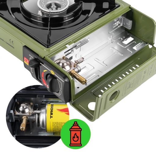 Gázfőző kempinghez 2500W, hordozható túra főző, patronos és palackos, kofferrel