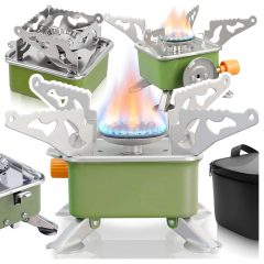   Összecsukható gázfőző túrázáshoz, ultrakönnyű 1kW, patronos, piezo gyújtás, tokban
