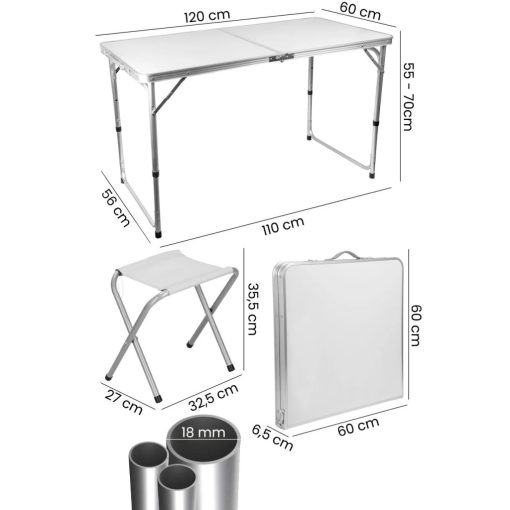 Összecsukható kempingasztal és 4 szék - alumínium vázzal, magasságállítással