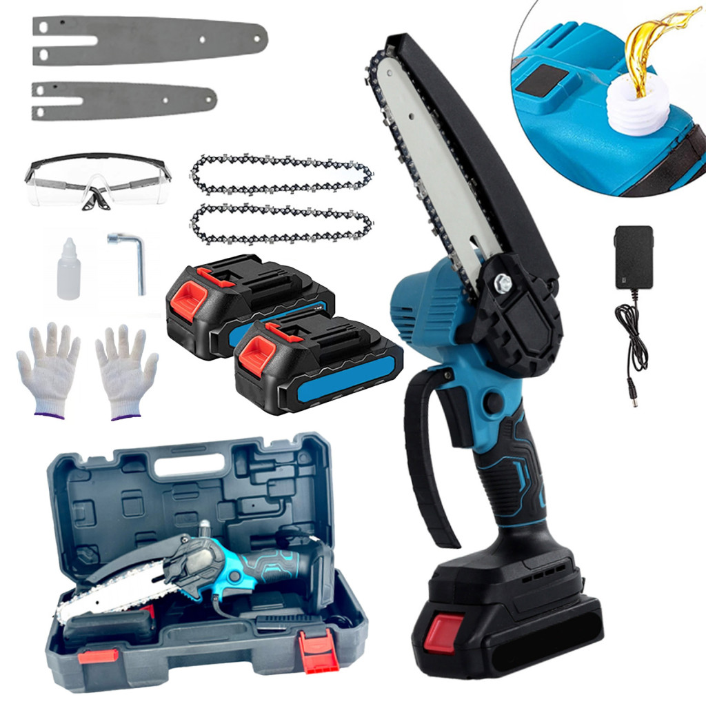 Akkus mini láncfűrész 6" és 8" vezetőlap, 2 akku, automatikus láncolajozás