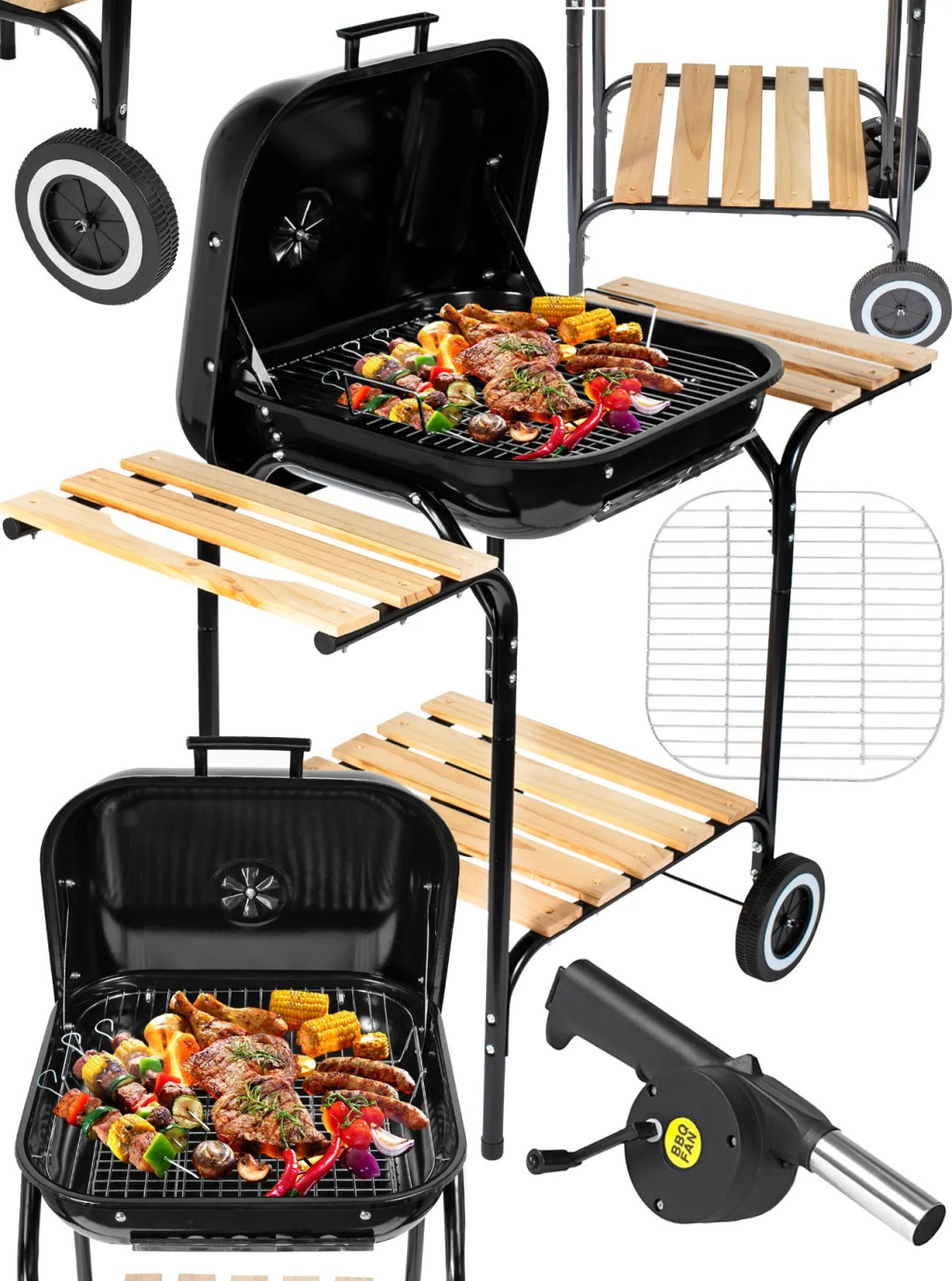 Faszenes kerti grill fújtatóval stabil szerkezet, levegőszabályozás, sütéshez