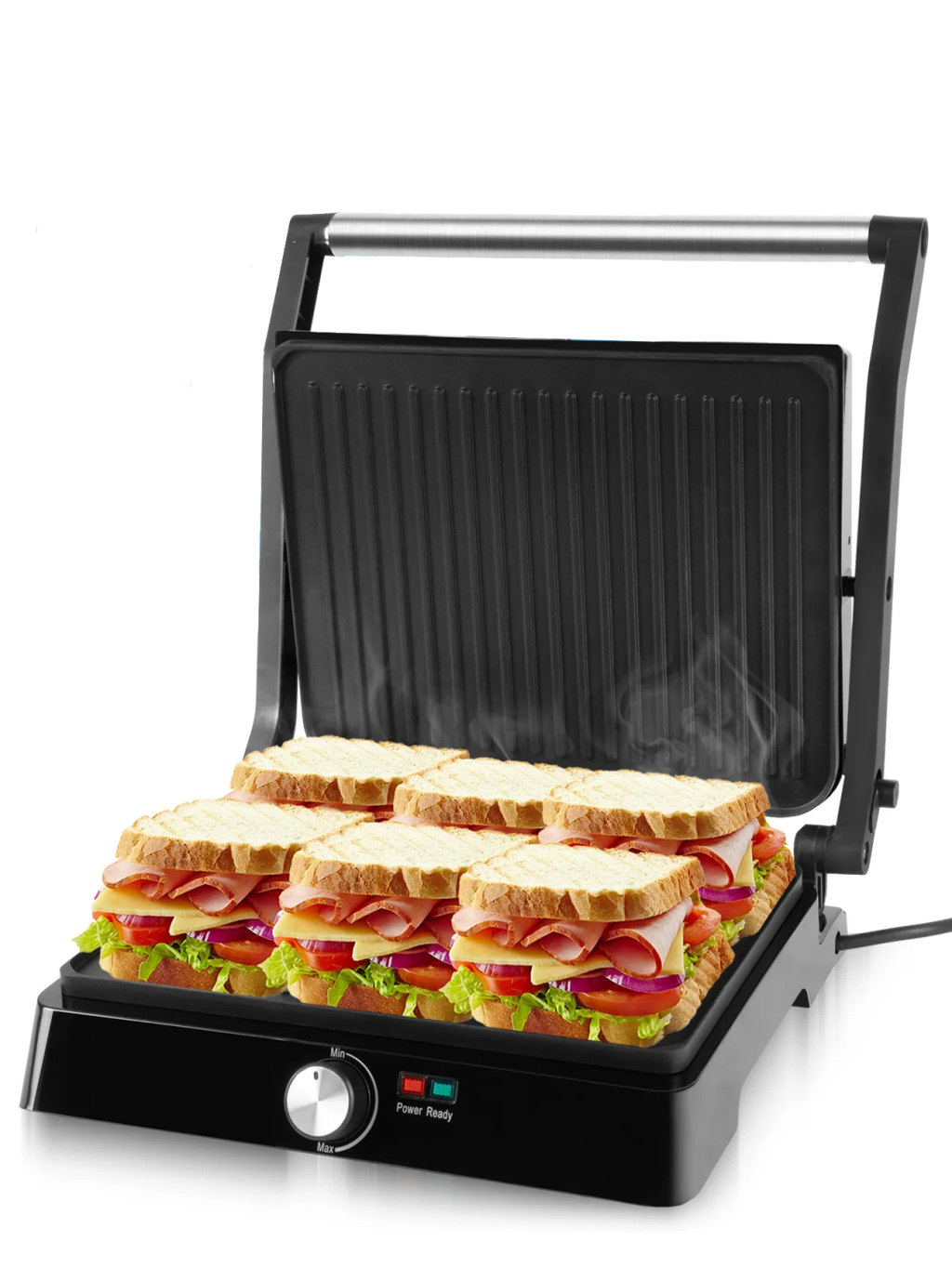 Elektromos grill és melegszendvics sütő, tapadásmentes, 2200W, 180°-ban nyitható