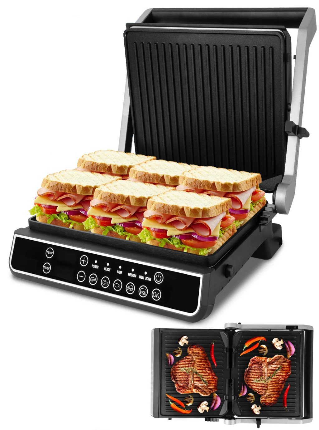Nagy teljesítményű, programozható elektromos grill 2500W, 5 program, tapadásmentes felület